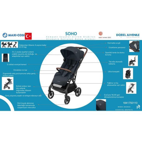 Maxi-Cosi Soho Kompakt Seyahat Sistem Olabilen Otomatik Katlanan Bebek Arabası Essential Green - Baby Baby Bebek Mağazaları